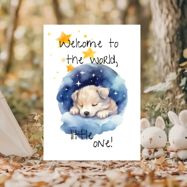 New baby card featuring a sleepy puppy on a cloud, set against a starry background with the message "Welcome to the world!"
