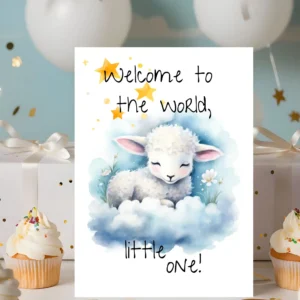 A charming card with a sheep resting on clouds, surrounded by stars, and the text "Welcome to the world, little one!"