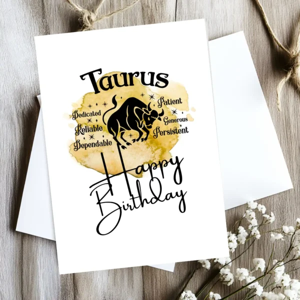 Printable Taurus birthday card featuring character traits on a yellow watercolor background representing the earth element.