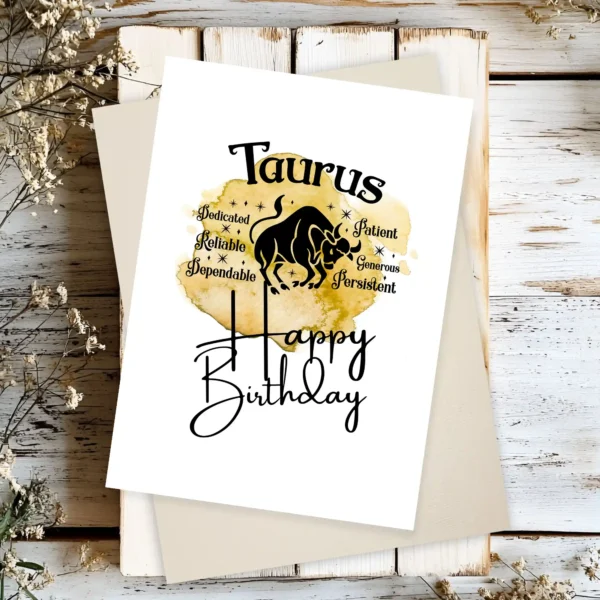 Taurus birthday card with character traits, designed with a yellow watercolor background symbolizing the earth element.