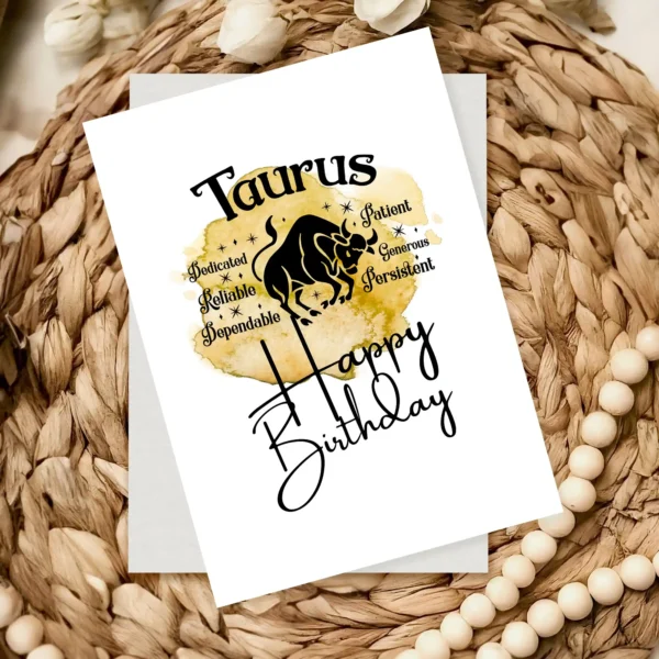 Cheerful Taurus birthday card showcasing character traits against a vibrant yellow watercolor background for the earth element.
