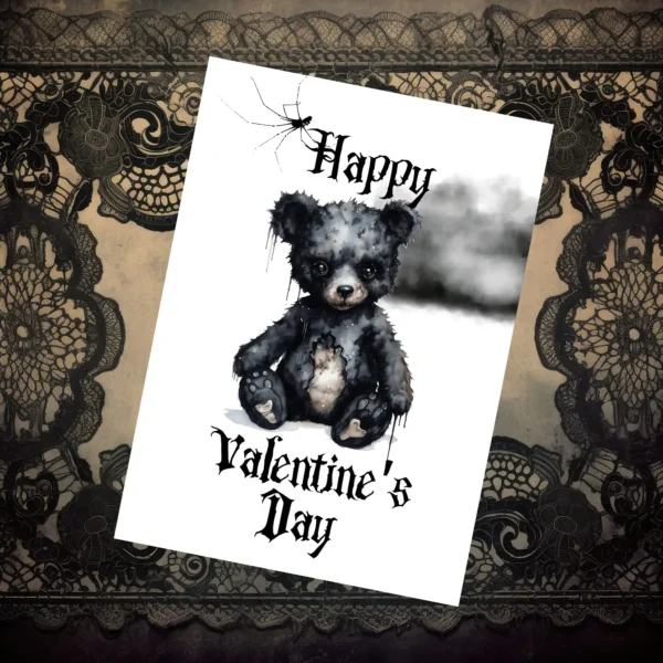 A printable Valentine's Day card with a black bear on a marble table, blending Gothic style with a touch of creepiness.