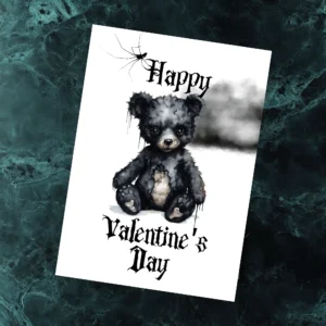 A Gothic Valentine's Day card featuring a black bear sitting on a marble table, adding a creepy twist to romance.