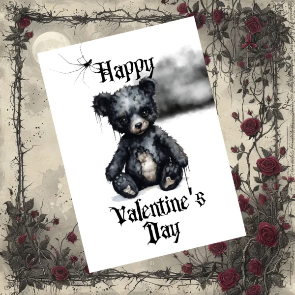 A black bear sits on a marble table in this Gothic Valentine's Day card, offering a quirky and eerie take on love.