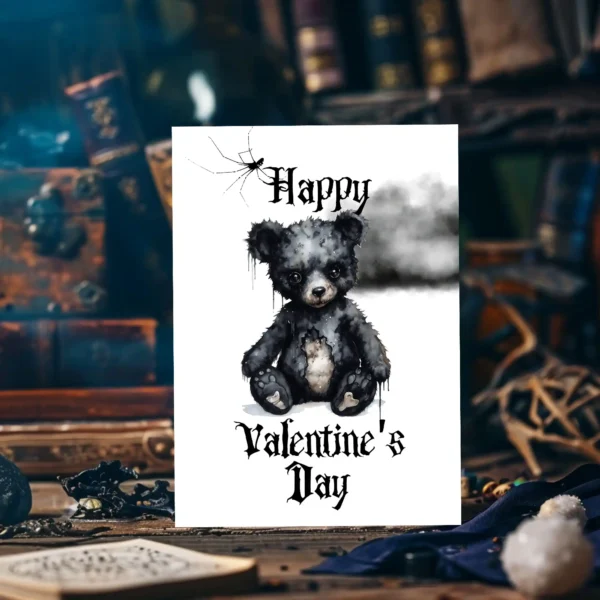 A Valentine's Day card depicting a black bear on a marble table, combining Gothic elements with a playful, creepy vibe.
