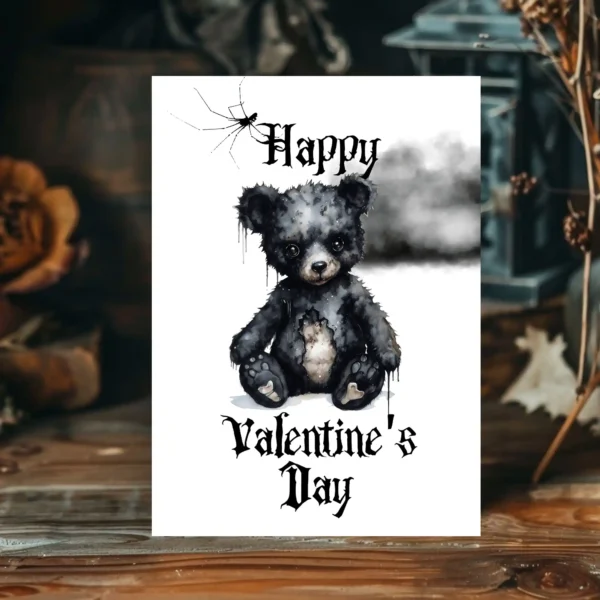 A spooky Gothic Valentine's card showing a black bear on a marble table, perfect for those who love unique designs.