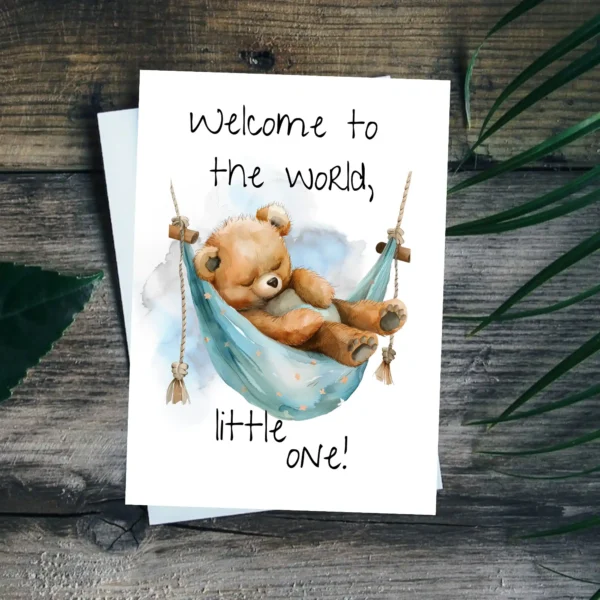 Charming watercolor illustration of a teddy bear in a hammock, accompanied by the words, "Welcome to the world, little one!"