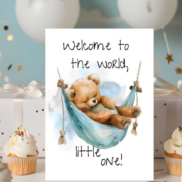 Watercolor card featuring a sleepy teddy bear in a blue hammock with the message, "Welcome to the world, little one!"