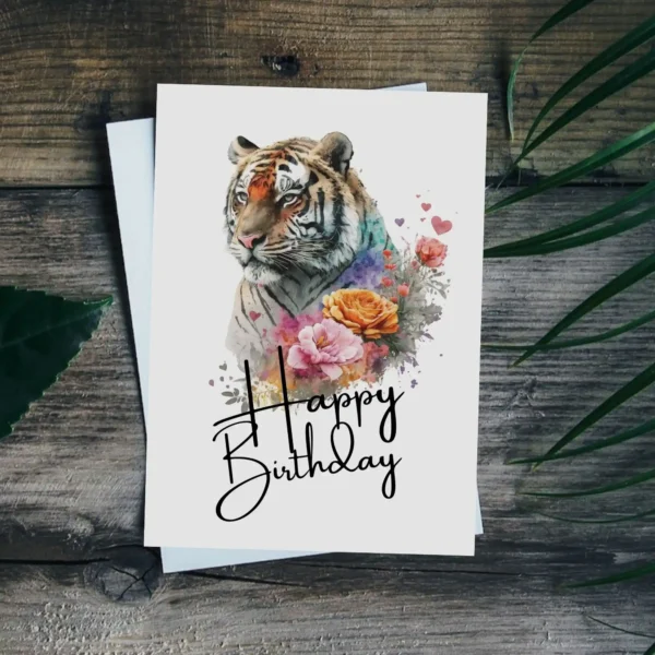Colorful birthday card showcasing a smiling tiger amidst beautiful flowers, perfect for a festive birthday greeting.