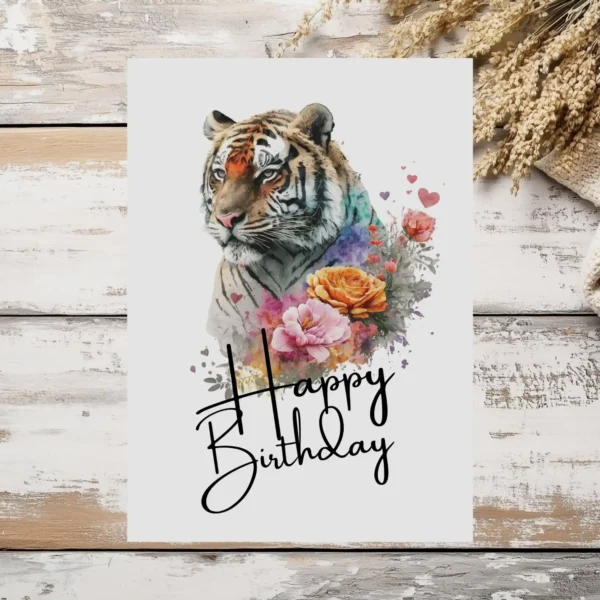 Happy birthday card with a playful tiger and floral elements, perfect for adding fun to any birthday occasion.