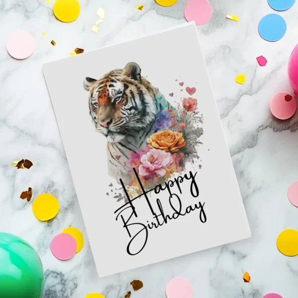 Happy birthday card featuring a cheerful tiger surrounded by colorful floral designs. Perfect for a fun celebration!