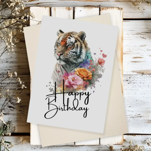 Printable birthday card with a joyful tiger and vibrant floral accents, ideal for celebrating a special day.