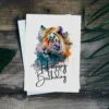 Colorful watercolor card showcasing a joyful tiger head, designed for birthday wishes and celebrations.