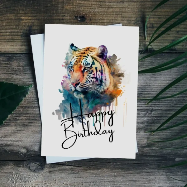 Colorful watercolor card showcasing a joyful tiger head, designed for birthday wishes and celebrations.