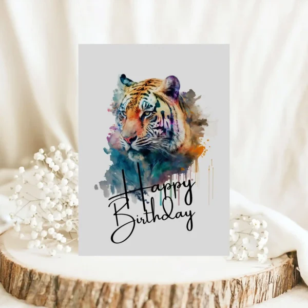 Printable birthday card featuring a vibrant watercolor tiger head, bringing joy to any birthday occasion.