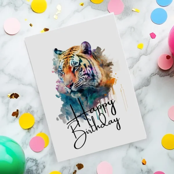 Watercolor birthday card featuring a cheerful tiger head portrait, perfect for celebrating a special day.