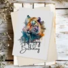 Happy birthday card with a watercolor tiger head portrait, ideal for a fun and festive celebration.