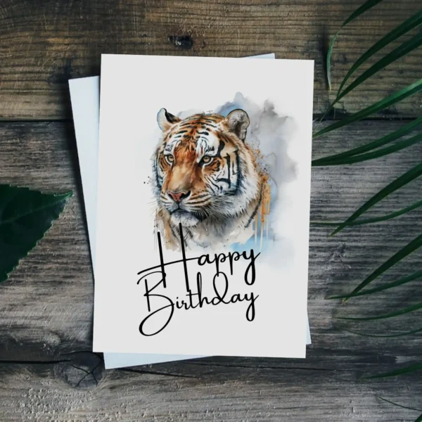 Happy birthday card showcasing a majestic tiger portrait, perfect for celebrating a special day.