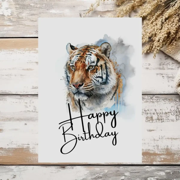 Cheerful birthday card featuring a majestic tiger, designed to bring happiness to the birthday celebration.