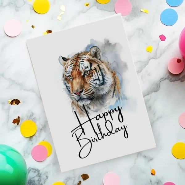 Printable card with a majestic tiger portrait, wishing a joyful "Happy Birthday" in a fun and friendly style.
