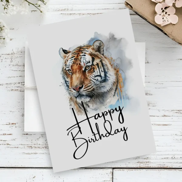 Printable birthday card featuring a majestic tiger portrait with a cheerful "Happy Birthday" message.