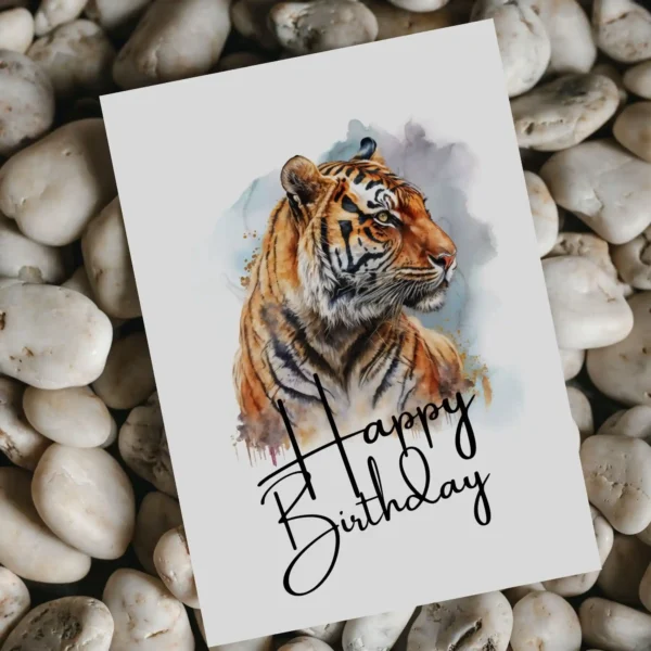 Joyful watercolor tiger birthday card, perfect for adding a playful touch to any birthday celebration.