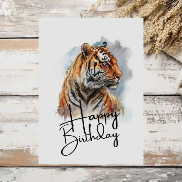 Watercolor birthday card featuring a joyful tiger portrait, perfect for celebrating a special day.