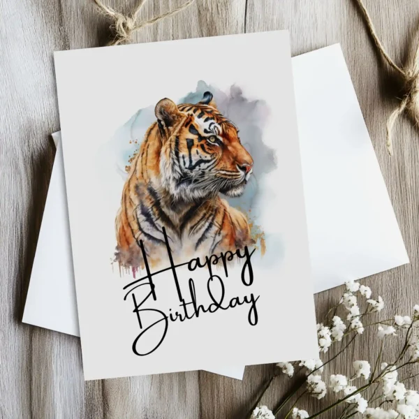 Happy birthday card with a majestic watercolor tiger, ideal for a fun and festive celebration.