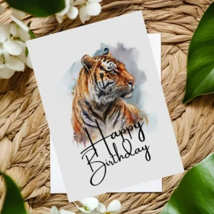 Printable birthday card showcasing a cheerful tiger in watercolor, perfect for a unique birthday greeting.