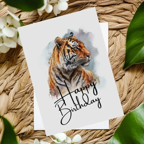 Printable birthday card showcasing a cheerful tiger in watercolor, perfect for a unique birthday greeting.