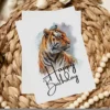 Vibrant watercolor card of a happy tiger, designed to celebrate birthdays with a touch of whimsy.