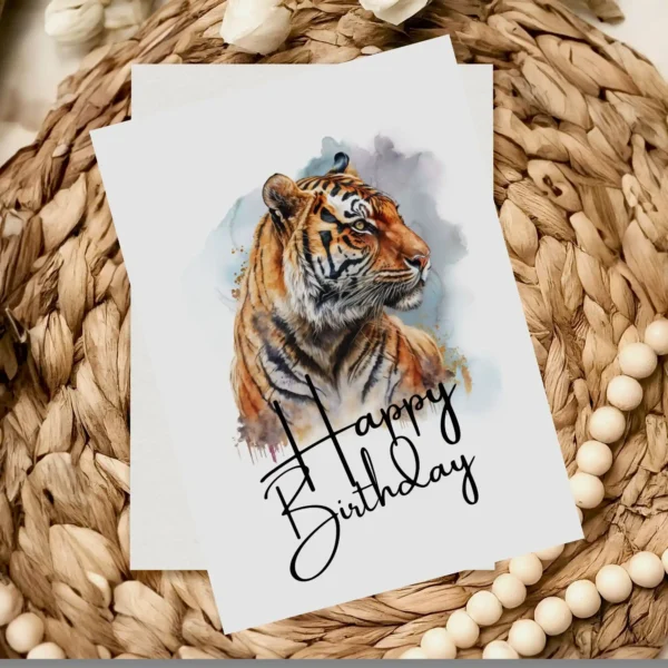 Vibrant watercolor card of a happy tiger, designed to celebrate birthdays with a touch of whimsy.