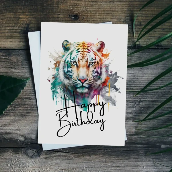 Happy birthday card with a vibrant watercolor tiger portrait, ideal for a fun birthday celebration.