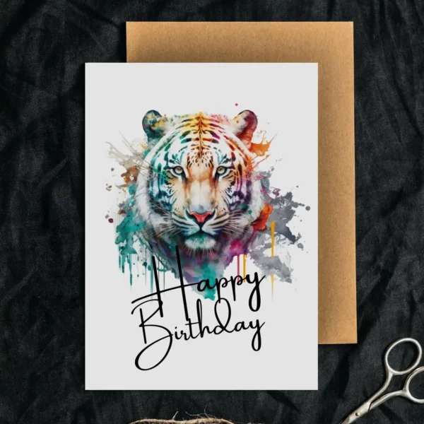 Printable birthday card showcasing a joyful tiger in watercolor, bursting with color for a festive touch.