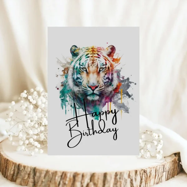 Cheerful watercolor tiger birthday card, designed to bring joy and color to any birthday celebration.