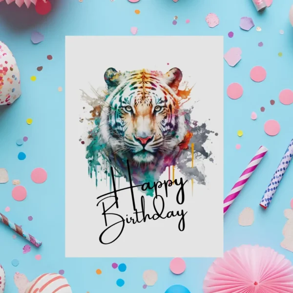 Bright and happy tiger birthday card in watercolor, perfect for sending birthday wishes with a playful touch.