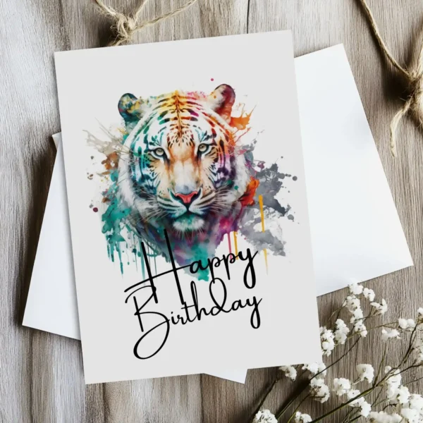 Colorful watercolor tiger birthday card featuring a cheerful tiger, perfect for celebrating a special day.