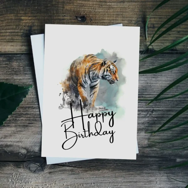 Watercolor birthday card featuring a cheerful tiger, perfect for celebrating a special day.