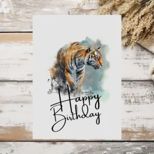 Happy birthday card with a playful watercolor tiger, ideal for a fun birthday celebration.