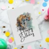 Printable birthday card showcasing a joyful tiger in watercolor, perfect for sending birthday wishes.