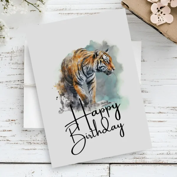 Colorful watercolor card featuring a happy tiger, designed for a delightful birthday greeting.