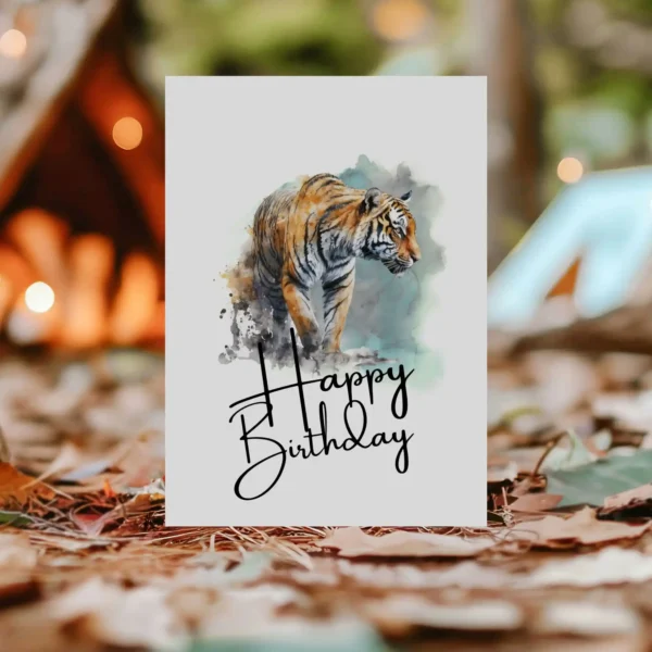 Cheerful watercolor tiger birthday card, perfect for adding joy to someone's special day.