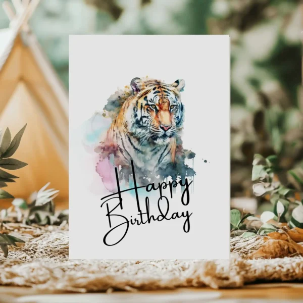 Printable watercolor card showcasing a smiling tiger, designed for birthday celebrations with a gentle pastel backdrop.