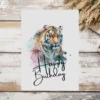 Joyful watercolor birthday card featuring a tiger, complemented by a soothing pastel background for a festive touch.