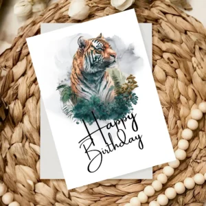 Jungle Tiger Birthday Card in watercolor design with birthday message