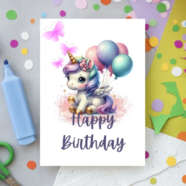 Unicorn birthday card with balloons and butterflies