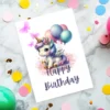 Happy birthday unicorn printable with colorful balloons