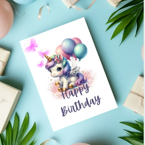 Fantasy-themed unicorn card with butterfly background