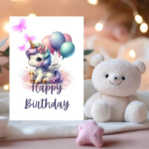 Cute unicorn holding birthday balloons
