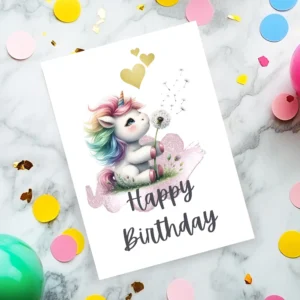 Rainbow unicorn birthday card for children